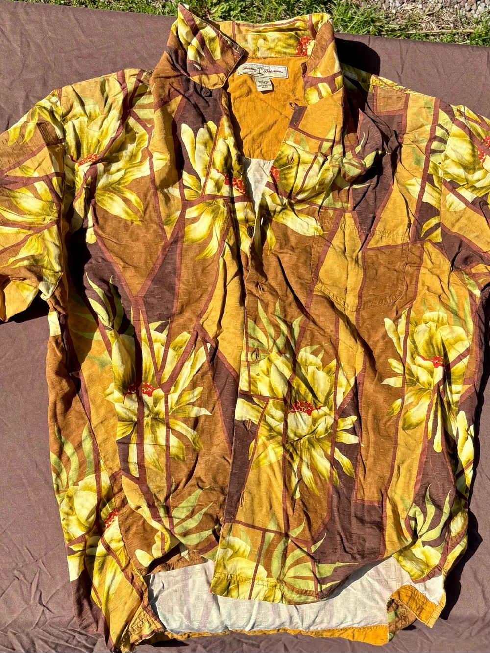Tommy Bahama Floral Button-Up Shirt in Mustard & Brown LARGE SILK (feels like XL